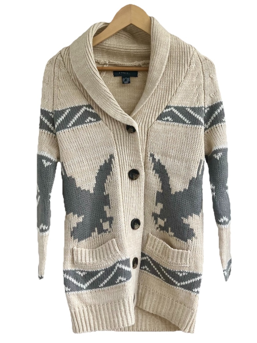 Primark Eagle Cowichan Style Cardigan Sweater Small Shawl Collar Cream Gray